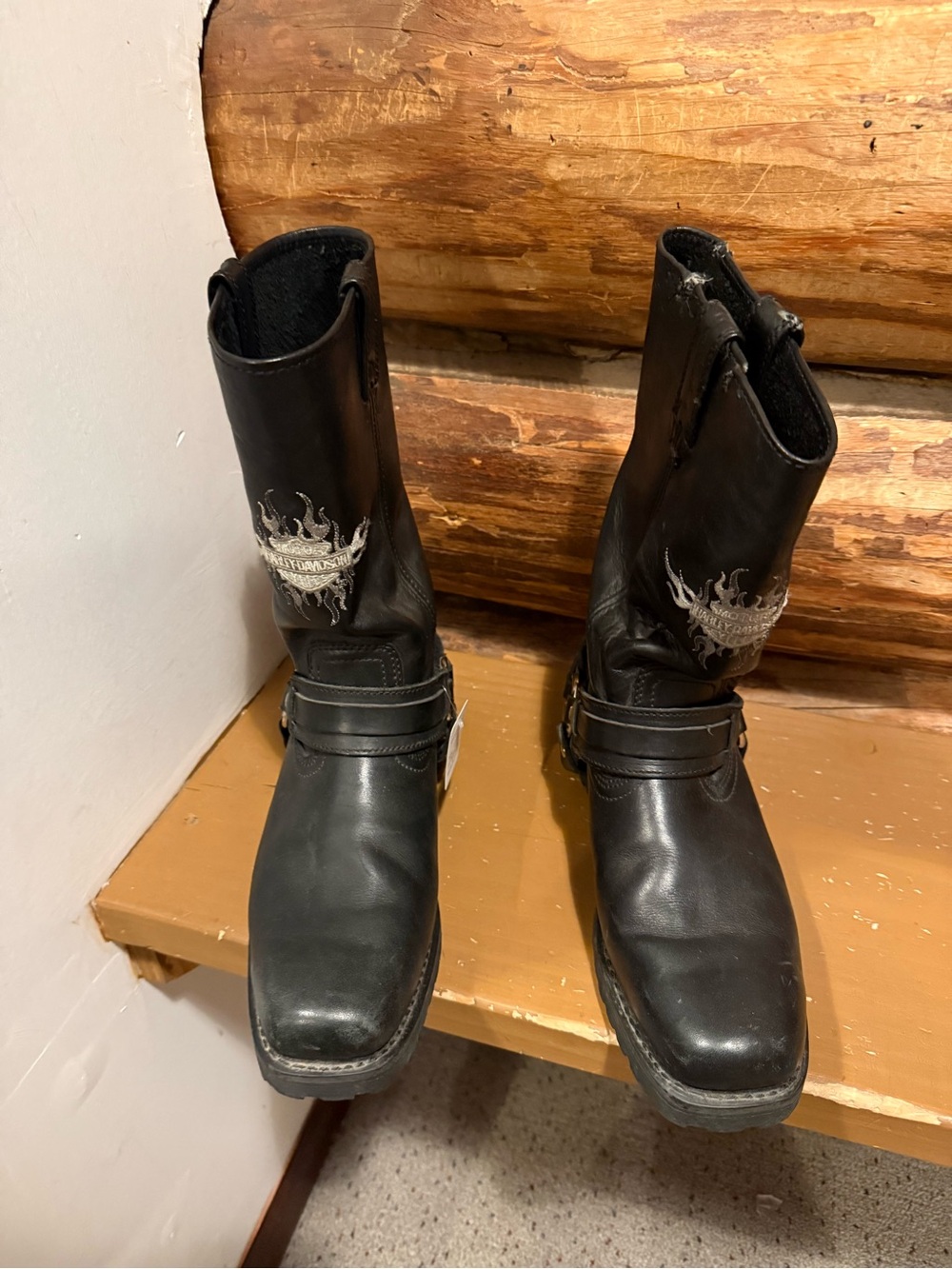 🖤GUC Harley-Davidson Black Leather Harness Boots with Flame Patch 9.5